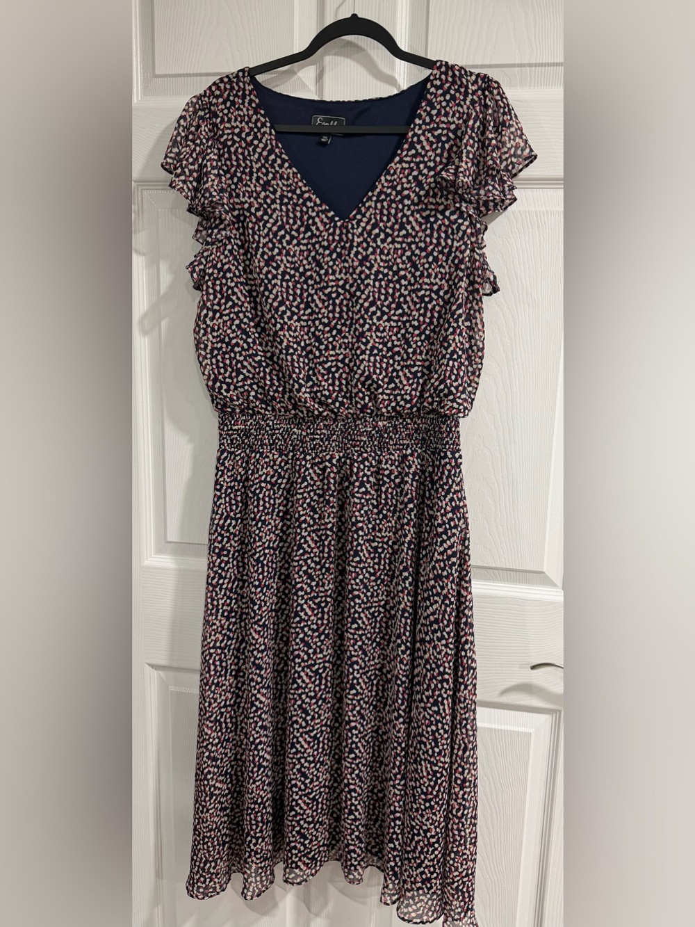 Everlily Printed Navy and Pink Flutter-Sleeve Maxi Dress